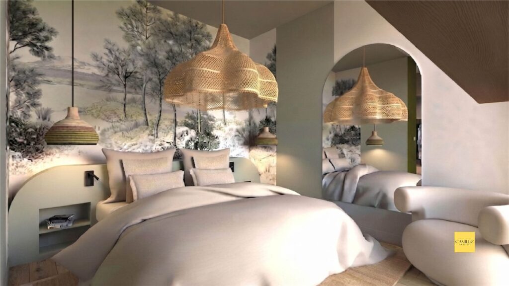 Visuel 3D d’une chambre au papier peint panoramique de pins, tête de lit arrondie vert sauge, suspension en rotin et miroir en arche