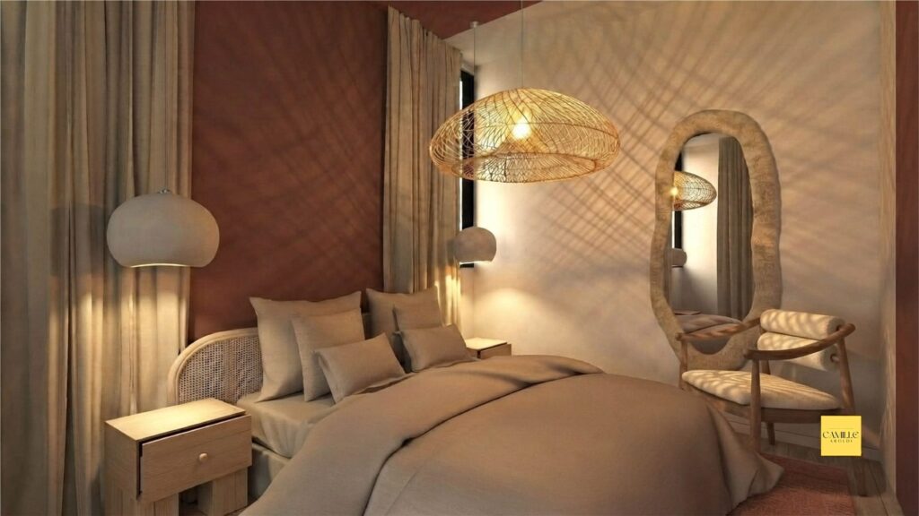 Visuel 3D d’une chambre au mur terracotta avec tête de lit en cannage, suspension en rotin, miroir aux courbes organiques et fauteuil crème