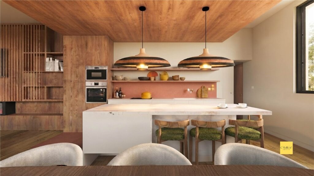 Visuel 3D de la cuisine avec îlot central, tabourets en bois à assise verte, grands luminaires tressés et crédence terracotta
