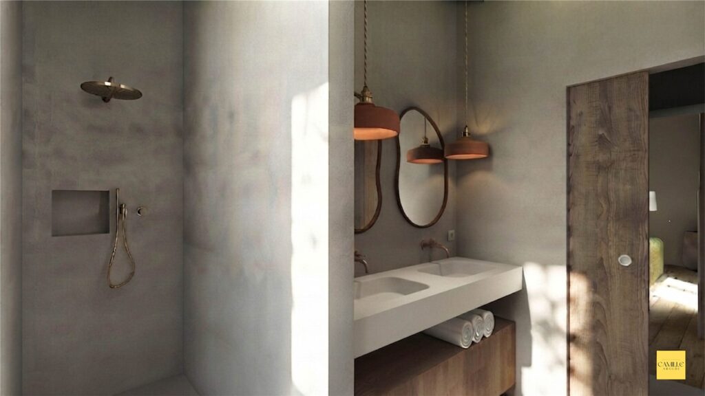 Visuel 3D d’une salle d’eau avec douche en enduit, double vasque blanche, miroirs aux formes organiques et suspensions en terre cuite
