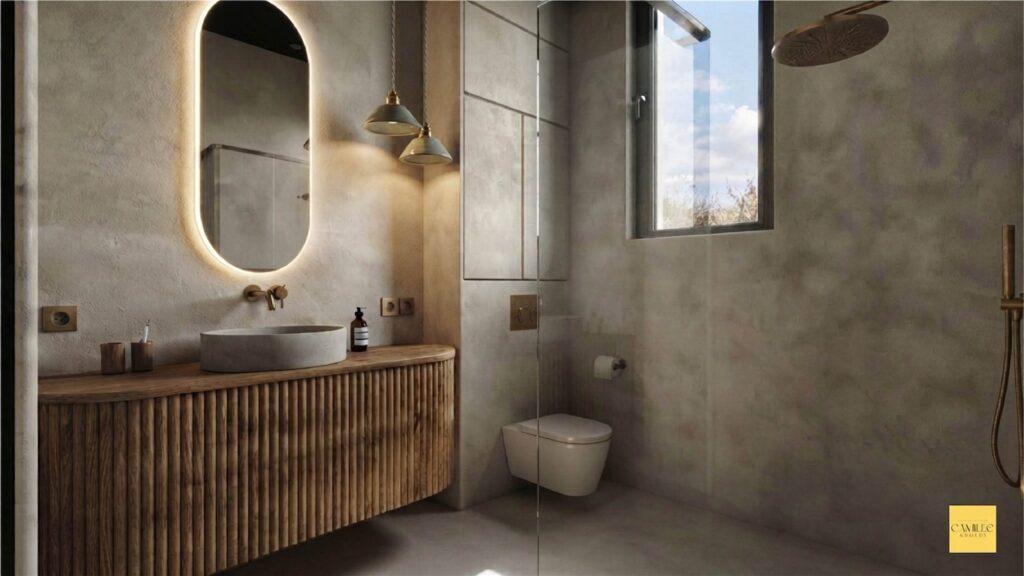 Visuel 3D d’une salle de bain aux enduits minéraux : meuble vasque en bois cannelé, miroir ovale rétroéclairé et robinetterie laiton