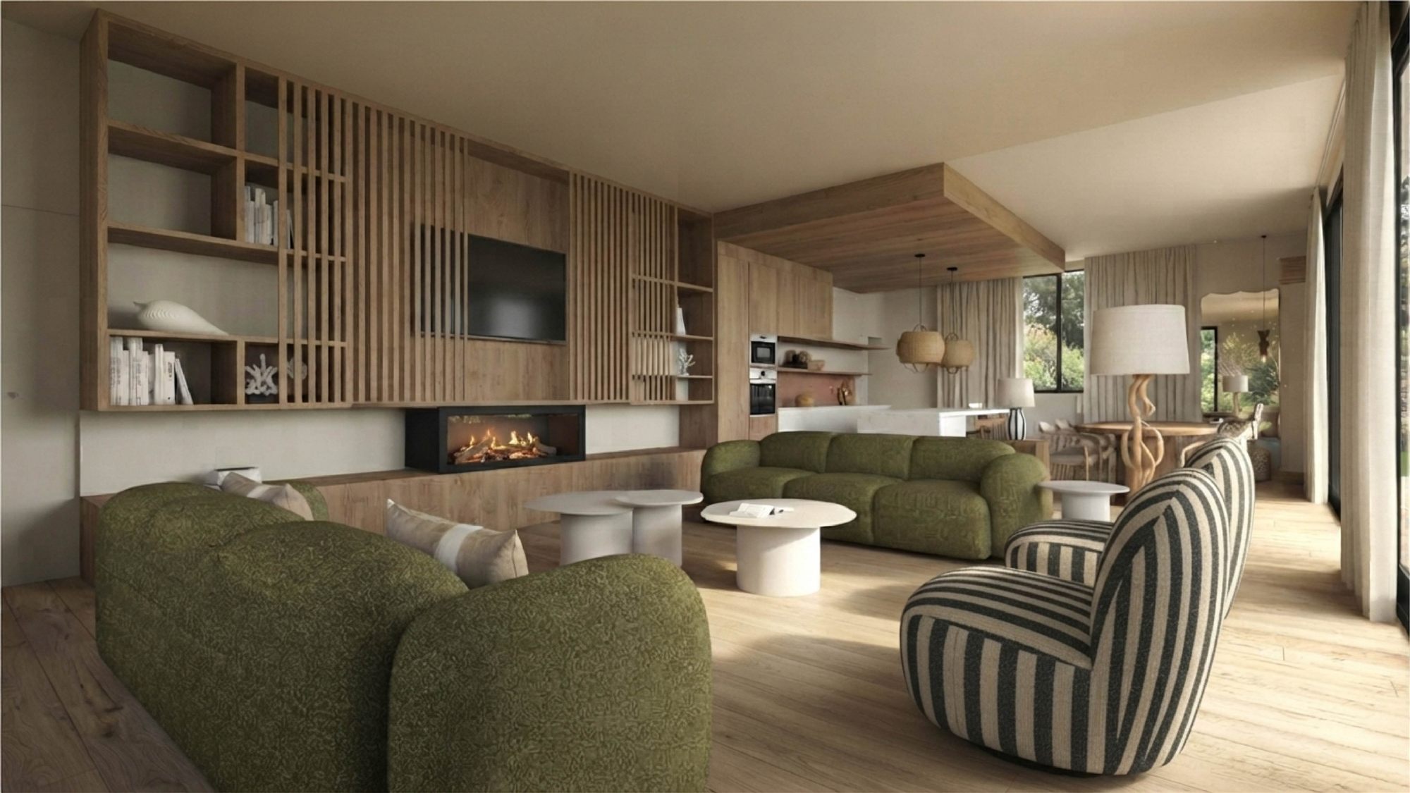 Visuel 3D du salon d’une maison au Cap Ferret : ensemble en bois avec claustras et cheminée, canapés en bouclette verte et fauteuils rayés